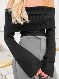 Women's Sweaters CHRONSTYLE Women Slash Neck Knitted Sweaters Tops Streetwear Long Sleeve Off Shoulder Ribbed Pullovers Slim Fit Causal Jumpers 230907