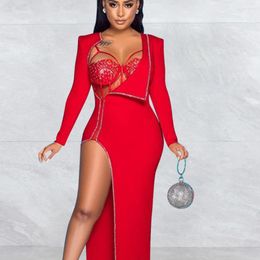 Casual Dresses Sexy Red Bodysuit Rhinestone Sheer Mesh Maxi Dress Women Long Sleeve High Split Bodycon Night Clubwear Y2k