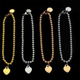2022 Fashion Brand T Letter Bead Chain Bracelet Classic Luxury Heart Charm Bracelet For Women 316L Titanium Plated 18K Gold Design313L