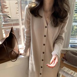 Casual Dresses Apricot Knitted Dress Women Single-breasted Elegant 2023 Autumn Thicken Long Knitwear Ladies Winter Chic Wool Jumper