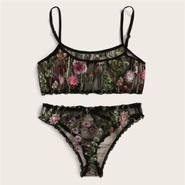 Women's Sexy Lingerie Set Floral Embroidered Sheer Mesh Bra Panty 2 Piece Nightwear Set 2020 New306o