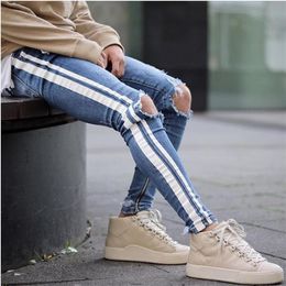 Fashion Mens Slim Pencil Jeans White Striped Skinny Ripped Denim Pants with Pockets Washed Street Style Pants2784