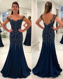 Navy Lace Mother of the Bride Dresses Sheer Bateau Neck Mermaid Backless Evening Gowns Sequined Floor Length Wedding Guest Dress