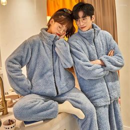 Women's Sleepwear Autumn Winter Warm Flannel Zipper Couple Pyjamas Set Women Family Pijama Lover Homewear Cloth Casual Men Py220R