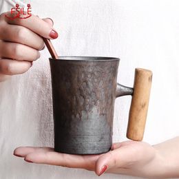 Japanesestyle Vintage Ceramic Coffee Mug Tumbler Rust Glaze Milk Cup with Wooden Handle312G