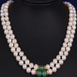 2 ROW 8-9MM SOUTH SEA WHITE GREEN JADE MOTHER PEARL NECKLACE YELLOW CLASP275g