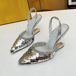 Fashionable sequin sandals for women with irregular heels 10CM wedge heel designer shoes casual pointed toe wrap dress shoe genuine leather back pockets