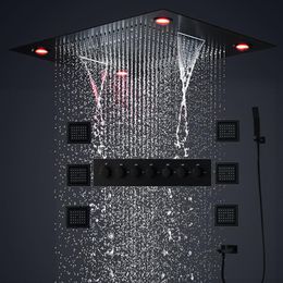 Bathroom 24inch Thermostatic Rain Shower Set Large LED Showerhead Rainfall Waterfall Massage Misty Bath Black Faucet System With 4216o