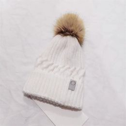 LU01 Label Knitted Pompon Beanies Hat Thicken Winter Women Bonnet Beanies With Real Raccoon Fur Pompoms Warm Girl Cap Tie Ball hat192H