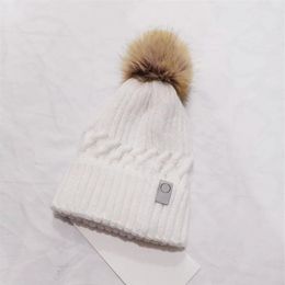LU01 Этикетка вязаная шапка с помпоном, утепленная зимняя женская шапочка с капюшоном и помпонами из натурального меха енота, теплая шапка для девочек с завязками, шариковая шляпа255z