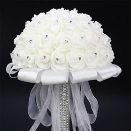 White Bride Holding Bouquet Artificial Rose White Ribbon Handle Bridesmaid Wedding Flowers 20 cm Diameter New233A