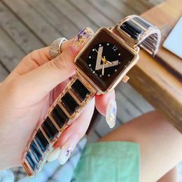 Brand Watches Women Lady Girl Square Big Letters Style Metal Steel Band Quartz Wrist Watch L59199Q
