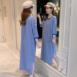 Summer Korean version Fat Sister Dress Navy Blue Stripe Over Knee Long Dress Short Sleeve Large Women's T-shirt Dress