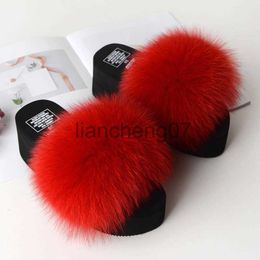 Slippers COOLSA New Women's Real Fox Fur Sandals Lady Fluffy Slides Casual Furry Flip Flops Woollen Plus Platform Shoes H0827 x0909