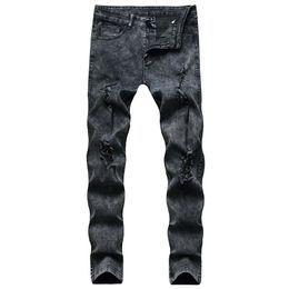 Mens Jeans Street Style Mens Biker Jeans Hole Distrressed with Zipper Slim Fit Denim Casual Male Trousers Pants251q