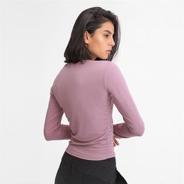 L-93 Women Yoga Long Sleeve T Shirts Side Waist Elastic Folds Sports Tops Fitness Shirt Stretchy Slim Skin-Friendly Top for On the261R
