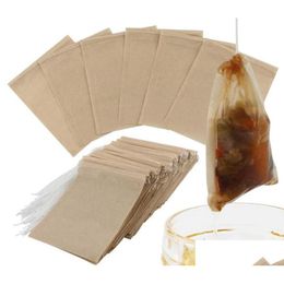 Coffee Tea Tools 100Pcs/Lot Philtre Bags Natural Unbleached Paper Bag Disposable Infuser Empty With Dstring For Herbs 6X8C Homefavor Otzw1