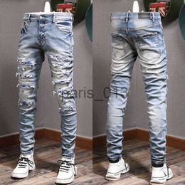 Men's Jeans Color Rip Jeans Man Biker Jeans Slim Fitness Fade Washed Denim Pants x0911