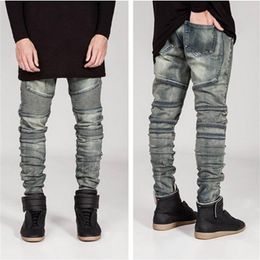 new mens Biker Jeans Motorcycle Slim Fit Washed yellow Black Grey Blue Moto Denim skinny Elastic Pants Joggers For Men jeans2239