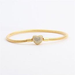 18K Yellow Gold plated CZ Diamond Heart Bracelets Original Box Set for Pandora 925 Silver Snake Chain Bracelet for Women Wedding J256F