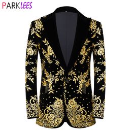 Men's Suits Blazers Mens Gold Floral Embroidery Dress Suit Jacket Brand Mandarin Collar Slim Fit Tuxedo Blazers Wedding Party Dinner Costume Homme 230908