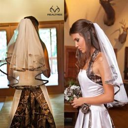 Camo Bridal Veils In Stock Bride Veil Elbow Length Two-Layer Simple Handmade Noble Tulle Camo Ribbon Edge Wedding Veil Headwear Co272N