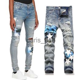 Men's Jeans Men's Embroidery Patch Biker Jeans Slim Fit Motocycle Casual Denim Trousers Man x0909