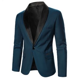 Men's Suits Blazers Men Blazer Decorative Chest Pocket Contrast Colour Satin Collar Causal Formal Daily Wedding Men Long Sleeve One Button Blazer 230908