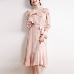 Square Collar Dress French Style 2023 Autumn New 03 Crepe De Chine Silk Long Sleeve High-End Pure Colour Mulberry Silk Mid-Length