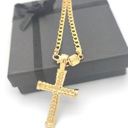 Cross 24 k Solid gold GF charms lines pendant necklace Curb Chain christian Jewellery factory wholecrucifix god gift294G