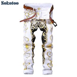 Sokotoo Men's slim print jeans Fashion flower straight white denim pants Long trousers261K