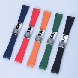 20mm Curved End Watch band and Silver Polished Clasp Silicone Black Navy Green Orange Red Rubber Watchband For Rol strap SUB GMT D331b