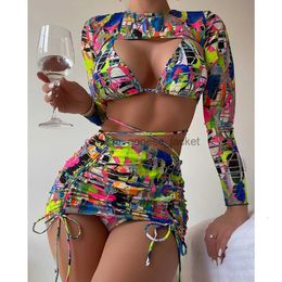 Women's Swimwear Women s Swimwear Print Bikinis with Long Sleeves Cover Ups Swimsuit Women Skirts 4 Pieces Set Female String Halter Bathing Suit Summer 230111L230909