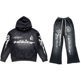 Men's Hoodies Hellstar flare black flare pants hoodie wash and patchwork long pants sweater set