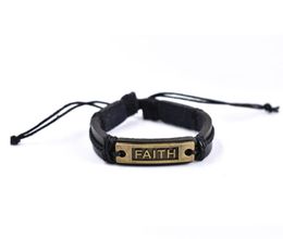 Beaded Vintage Mens Black Leather Faith Letter Bracelet Bangle Braided Rope Adjustable Wrap Wax Lined Paper Bracelets Drop Delivery Otsh7