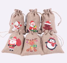 Christmas Burlap Linen Drawstring Bag Gift Wraps Santa Claus Snowman Penguin Elk Candy Jewellery Packaging Present Storage Bags Xmas Favours Decoration SN6258