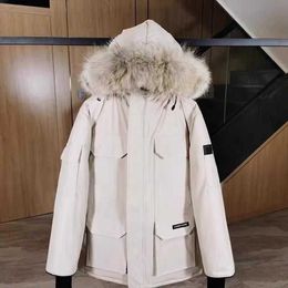 canadian Men Pilot Down Jacket Real Wolf Fur Hooded Canvas Parkas Letter Patch Zipper Pockets Warm Thick Outwear Designer Women Winter goose Coat ha5