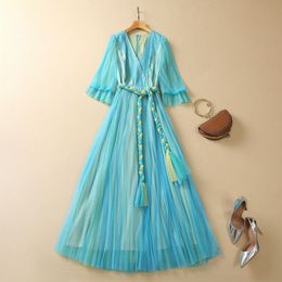 2023 Blue Ruched Weave Belted Tulle Dress 3/4 Sleeve V-Neck Contrast Colour Long Maxi Casual Dresses S3M160316 Plus Size XXL