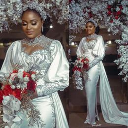 2024 African Mermaid Wedding Dresses Bridal Gown High Neck Long Lace Applique Juliet Sleeves Satin Garden Plus Size Vestido 328 328