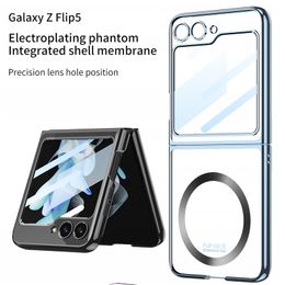 Luxury Magnetic Transparent Vogue Phone Case for Samsung Galaxy Z Folding Flip5 5G Full Protective Membrane Clear Plating Fold Shell Supporting Wireless Charging