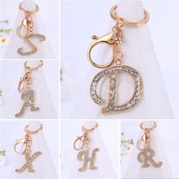 26 Letter Crystal Rhinestone Alloy Keychain Charm Gold Key Ring Women Car Key Holder Bag Ornaments Accessoreis DE097