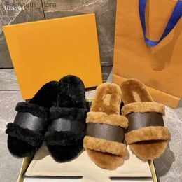 Slippers Women Fur Slipper Lock IT Flat Mule with Real Wool Real Calfskin Shoesl Lady Slides Sandals Winter Warm Booties with Box EU42 NO44 Q230909