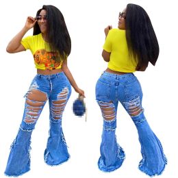 Designer Ripped Jeans Women High Waist Plus size 3XL 4XL Denim Flare Pants Blue Vintage Distressed Holes Trousers Streetwear Bulk Wholesale Clothes 10105