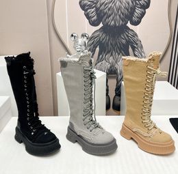 Designer Boots Women Luxury Cowboy Lace Up Black Brown Silver Side Zipper Calfskin Fashion Top-Quality High Heel Boot Winter Motorcycle Knee Boots