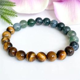 MG1567 Strand Mens Tigers Eye Moss Agate Beaded Bracelet Natural Healing Crystals Gemstone Bracelet Luck Stress Relief Jewelry282V