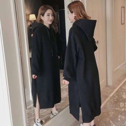 Autumn and winter Korean new long dress fat sister loose size women's long sleeved hooded Plush sweater