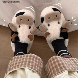 Slippers Slippers Comwarm Cute Animal Furry Slipper For Women Girls Fashion Fluffy Winter Warm Slippers Woman Cartoon Milk Cow Home Cotton Shoes T230828 Q230909