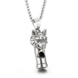 Gothic Wolf Head Whistle Necklace Pendant Casting Stainless Steel Rolo Chain Jewellery For Mens Boys Cool Gifts Silver Polished Blin348p