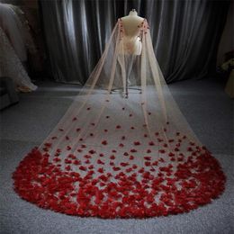 Luxury Red Wedding Veils Chic One Layer Sequins Flower 3-meters Long Bridal Accessories Veils Cathedral Length Bridal Veil Custom 315t