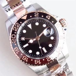 St9 Steel Mens Watches Two Tone Everose Root Beer Brown GMT Function Automatic Black Ceramic Bezel 40MM Sapphire Crystal Wristwatc268c